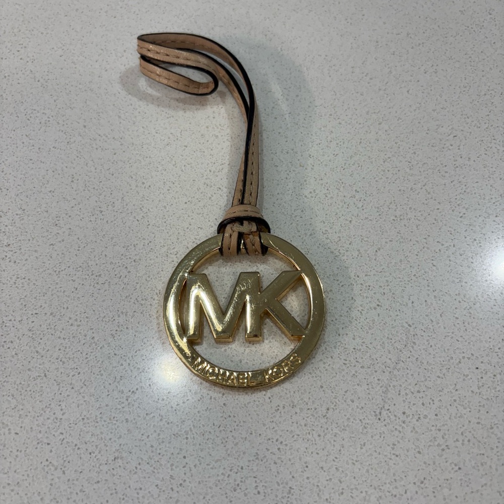 Michael Kors Gold Emblem Keychain with Tan Strap